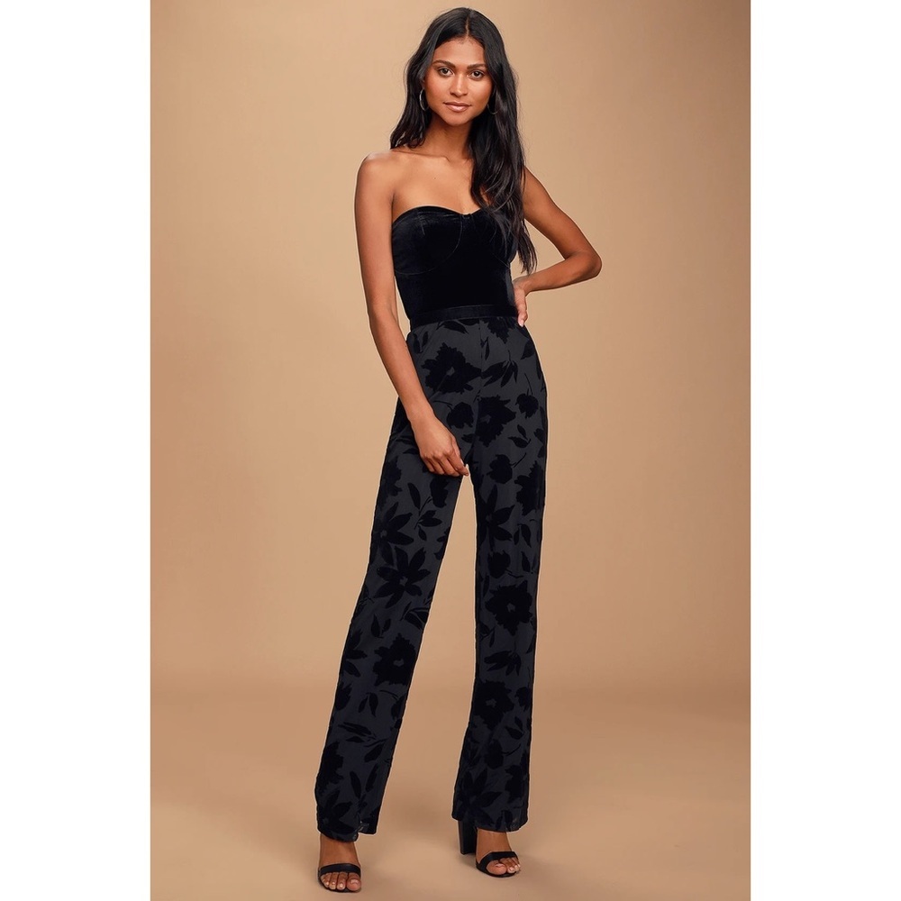 Lulus Love About It Black Velvet Floral Burnout Strapless Jumpsuit Size Large